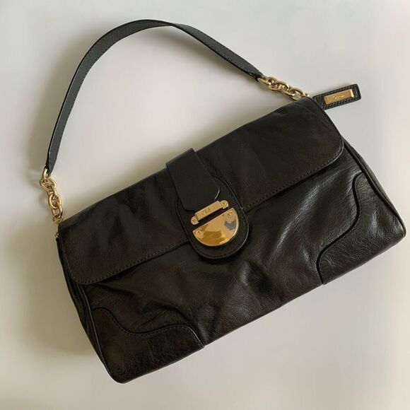 Cole Haan Textured Leather Shoulder Bag with Chain Detail in Black - Picture 3 of 12